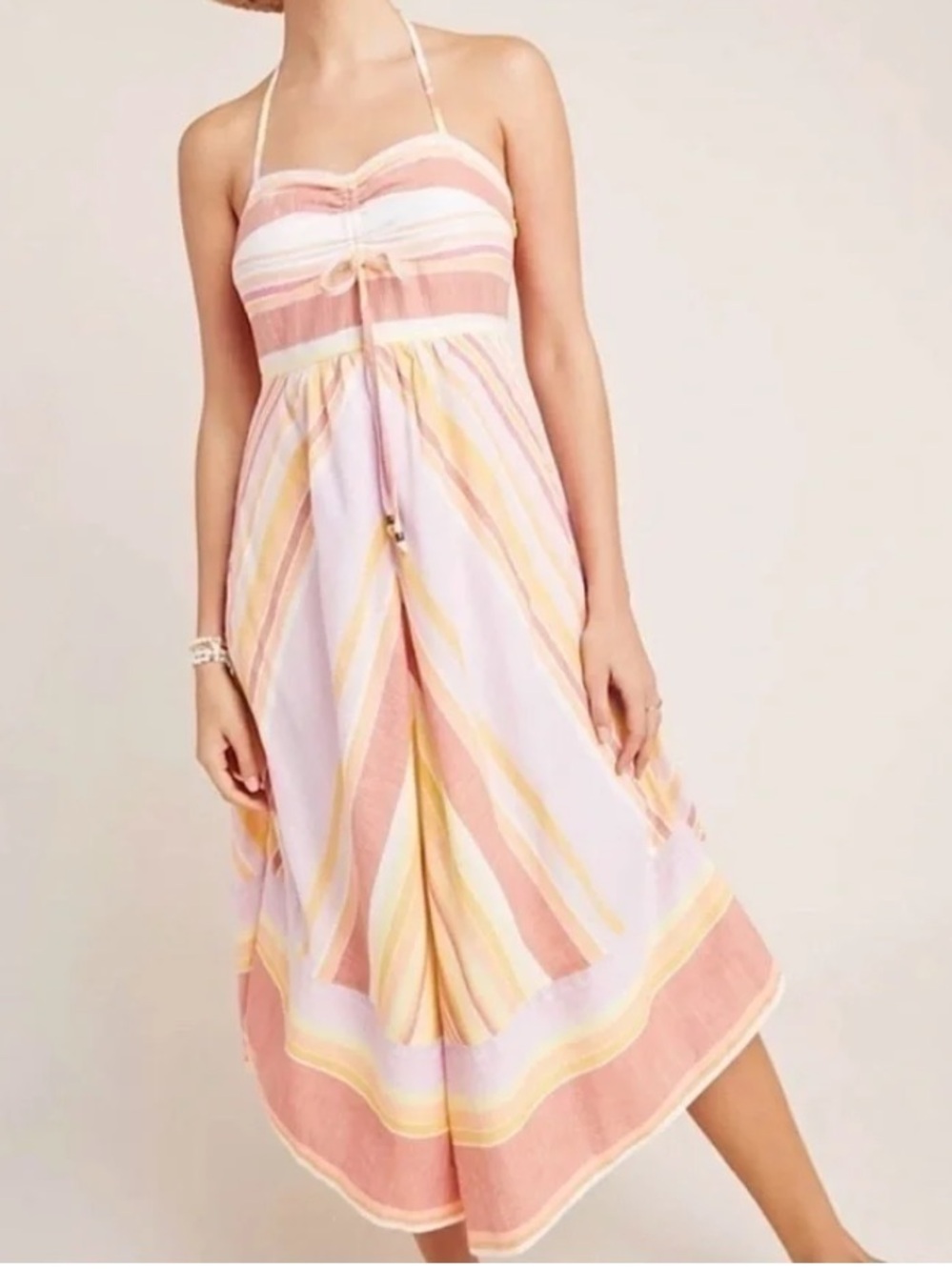 By Anthropologie Linen Blend Stripe Halter Midi Dress Sz 4